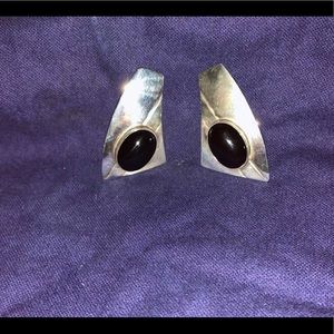 Signed RWJ Sterling Silver & Onyx Pierced Earrings- Vintage